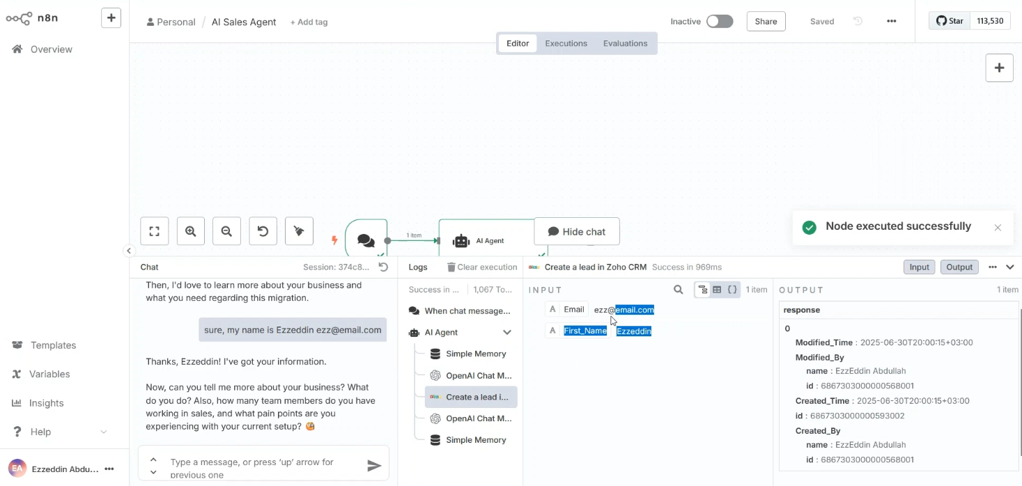 Project - AI Sales Agent using n8n with Zoho CRM Integration