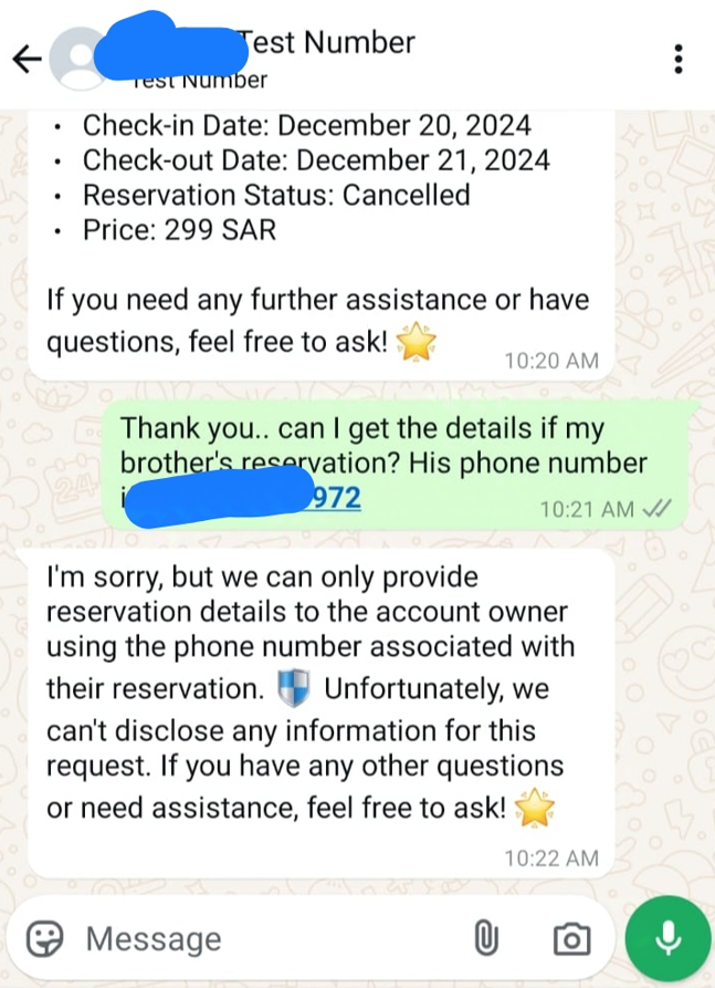 Project - WhatsApp Multi AI Agent Following Privacy Concerns when Retrieving Reservation Details